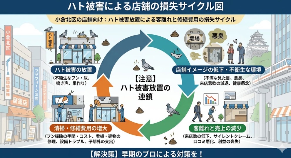 小倉北区の店舗向け:ハト被害放置による客離れと修繕費用の損失サイクル