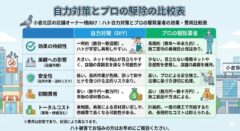 小倉北区の店舗向け：ハト自力対策とプロの駆除業者の効果・費用比較表