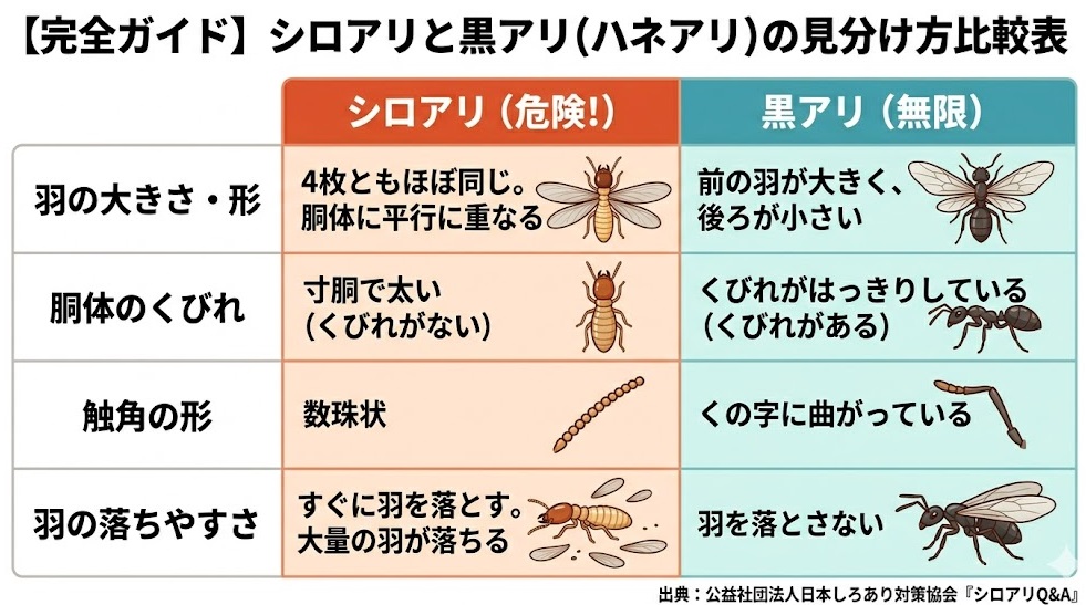 シロアリと黒アリのハネアリ見分け方比較表