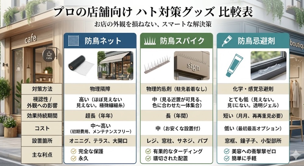 お店の外観を損ねない店舗向けハト対策グッズの比較表