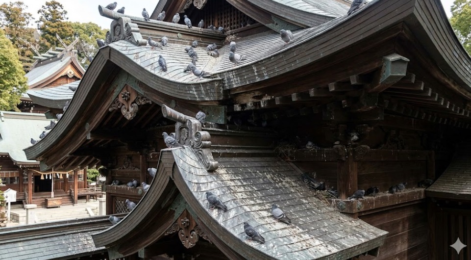 神社の屋根に群れるハトの被害状況