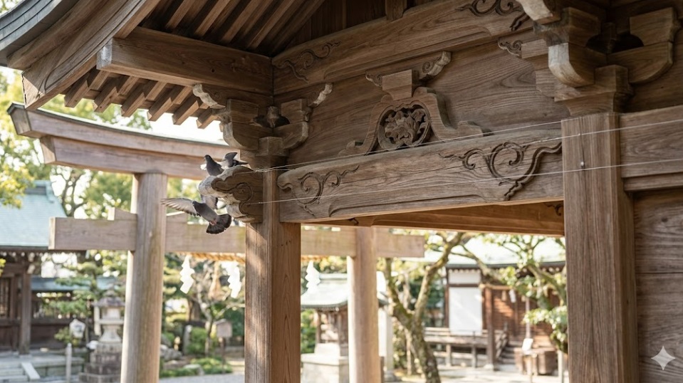 神社の景観を損なわない極細ワイヤーによる防鳥対策