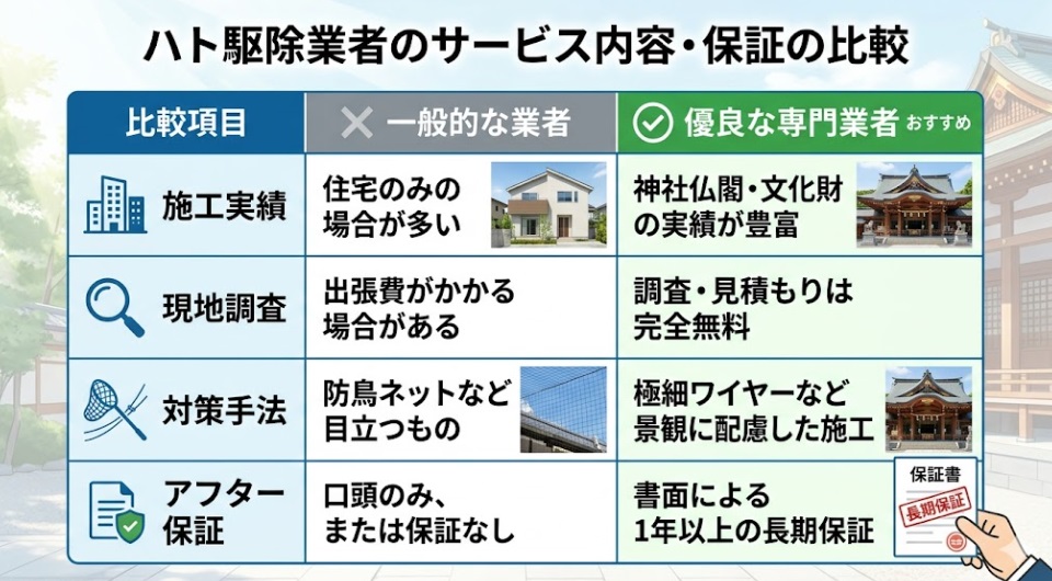 ハト駆除業者のサービス内容・保証の比較表
