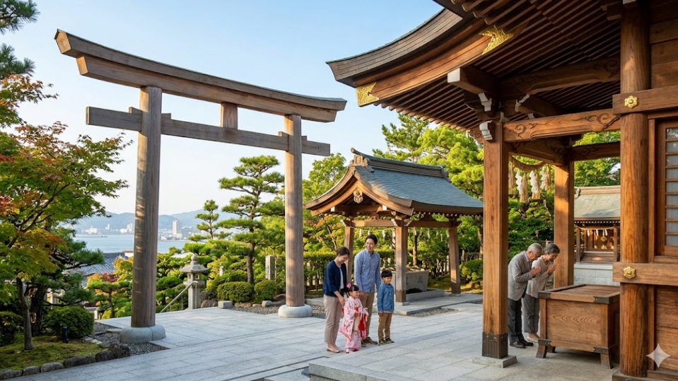 ハト被害が解決し、清浄で美しい景観を取り戻した門司区の神社で、笑顔で参拝する日本人の家族連れと高齢者。背景に関門海峡。