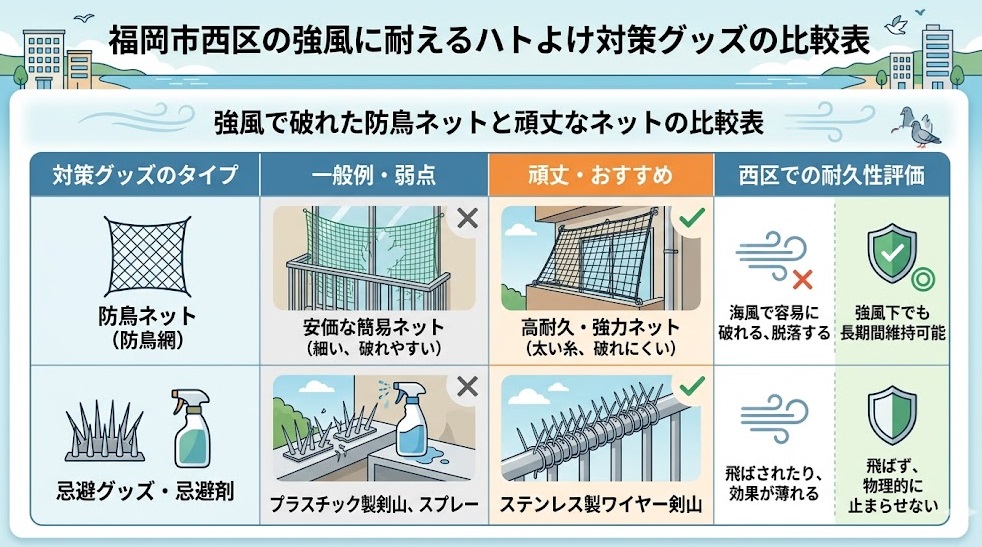 福岡市西区の強風に耐えるハトよけ対策グッズの比較表