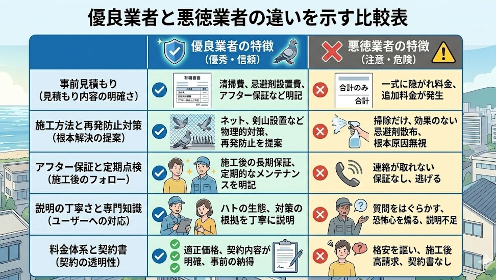 ハト駆除業者の優良・悪徳チェックポイント比較表