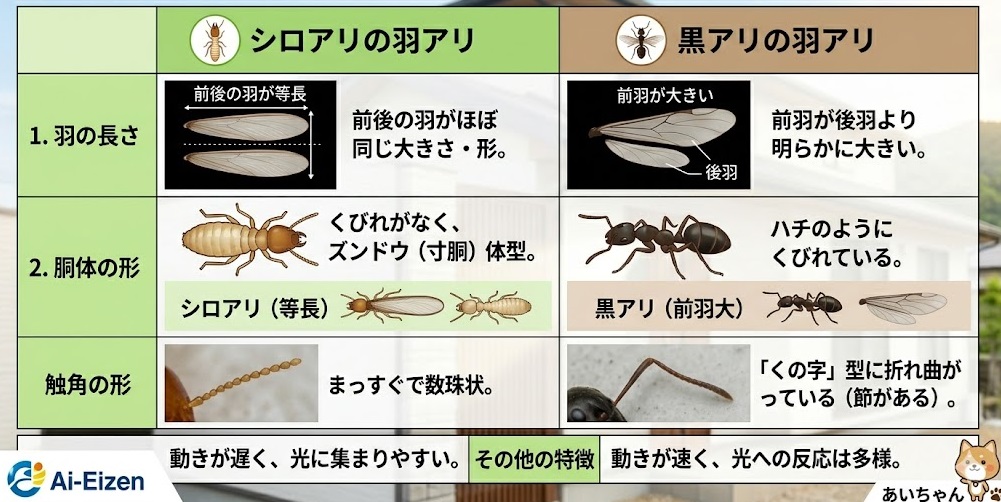 シロアリと黒アリの羽アリの違いが一目でわかる比較表