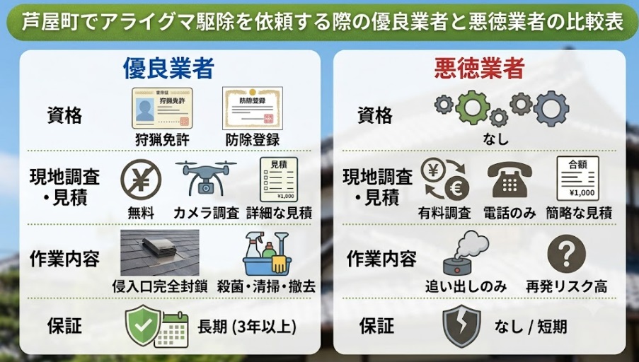 芦屋町でアライグマ駆除を依頼する際の優良業者と悪徳業者の比較表