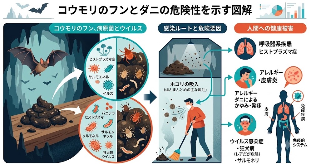 コウモリのフンに潜む病原菌やダニなどの健康被害リスク