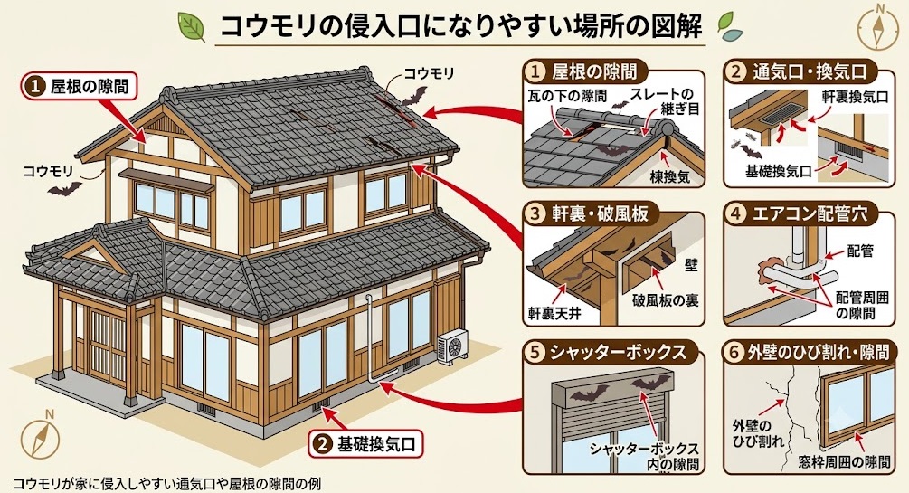 コウモリが家に侵入しやすい通気口や屋根の隙間の例
