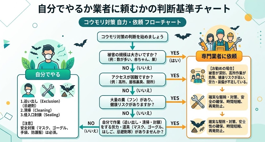 コウモリ対策を自力で行うか駆除業者に依頼するかのフローチャート