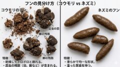 昆虫の残骸が混じり乾燥して崩れるコウモリのフン（左）と、湿って硬いネズミのフン（右）の質感の違いを比較する画像。