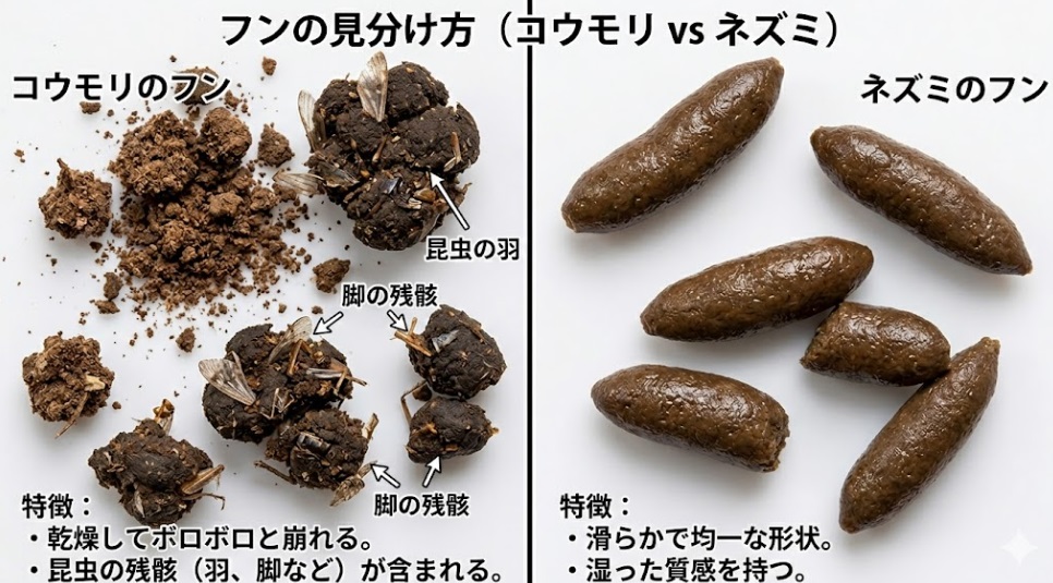 昆虫の残骸が混じり乾燥して崩れるコウモリのフン（左）と、湿って硬いネズミのフン（右）の質感の違いを比較する画像。