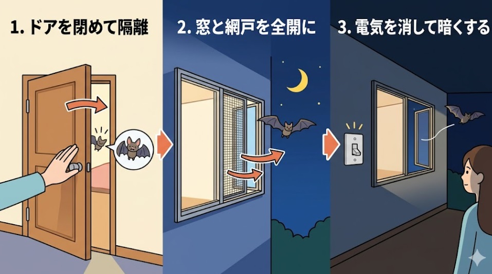 コウモリを外へ逃がす部屋の環境作り