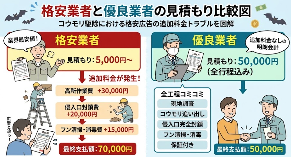コウモリ駆除における格安広告の追加料金トラブルを図解