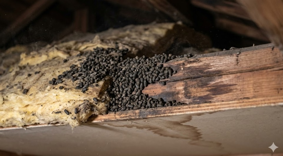 薄暗い屋根裏の梁に大量に蓄積したコウモリのフンと、汚れた断熱材。天井板には茶色いシミが広がり、衛生被害とダニ発生のリスクを示すリアルな状況。