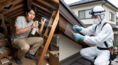 コウモリ駆除の自力対策と業者依頼の比較。左側は不安定なはしごで市販スプレーを手に困惑する日本人男性（自力）、右側は完全装備で安全かつ確実に侵入口を塞ぐプロ（業者）。