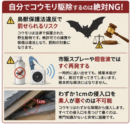 自分でコウモリ駆除を行うリスクと法律違反の注意点