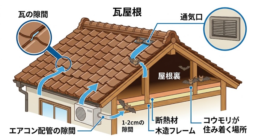 屋根の隙間から侵入するコウモリの図解