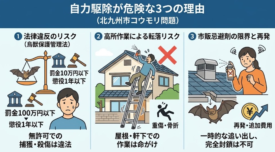 自力でのコウモリ駆除における3つの危険性