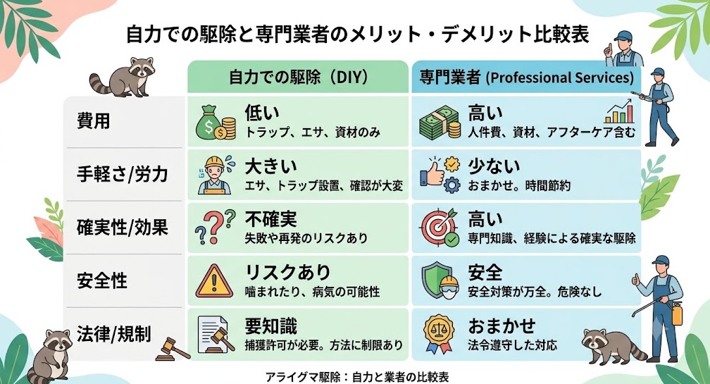アライグマ駆除：自力と業者の比較表