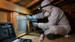 専門業者の防護服を着た日本人の作業員が、屋根裏の狭いスペースで、ライトを照らしながら専門的な機材を使ってアライグマの侵入口を封鎖している様子。