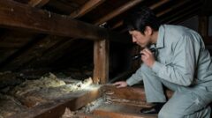 懐中電灯を持って屋根裏を真剣に調査する日本人の害獣駆除専門家。アライグマの侵入経路を特定しようとしている。梁や断熱材が見える屋根裏の様子。