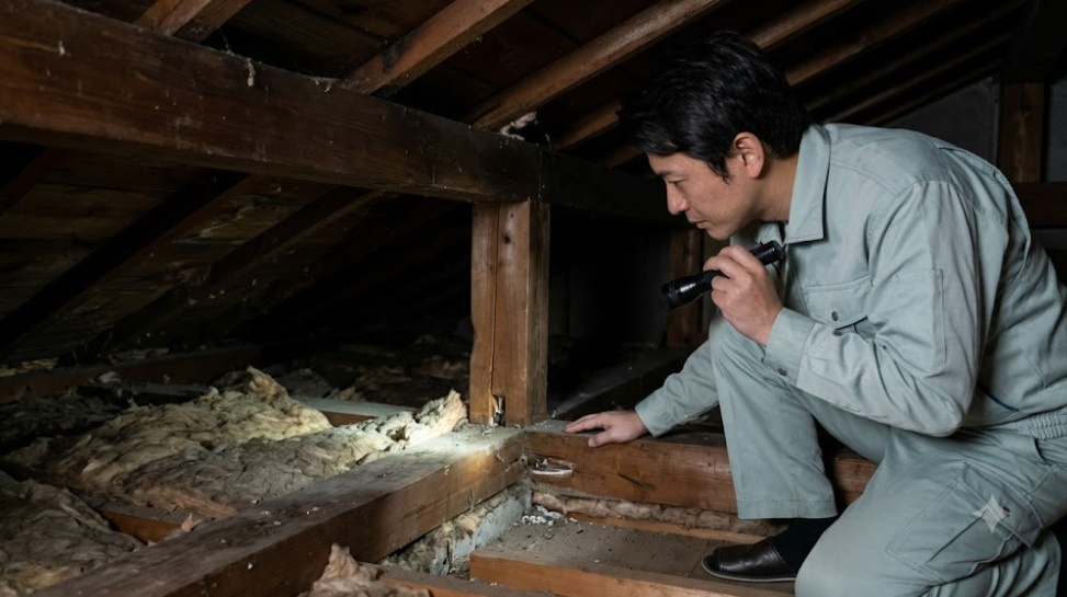 懐中電灯を持って屋根裏を真剣に調査する日本人の害獣駆除専門家。アライグマの侵入経路を特定しようとしている。梁や断熱材が見える屋根裏の様子。