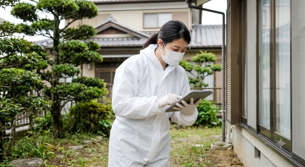 住宅の敷地内で、家屋の周囲を徹底的に調査し、侵入経路の痕跡を探している防護服着用の日本人女性害獣駆除専門家。タブレットで記録している。剪定が必要な庭木が見える背景。