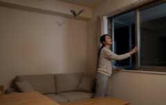 夜、部屋の中を飛ぶコウモリに驚きながらも、冷静に対処しようと窓を開ける日本人女性。