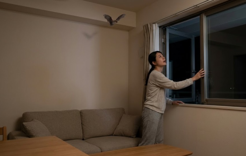 夜、部屋の中を飛ぶコウモリに驚きながらも、冷静に対処しようと窓を開ける日本人女性。