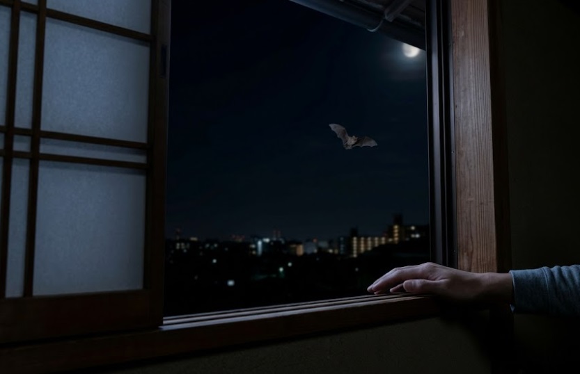夜、部屋の照明を消し、大きく開けた窓からコウモリが外へ飛び去る様子。