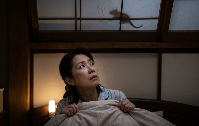 夜中、天井裏の気配に不安を感じて見上げる日本の女性