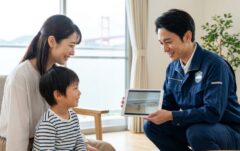 作業完了後、笑顔で依頼主に説明をする信頼できる駆除業者と安心する家族