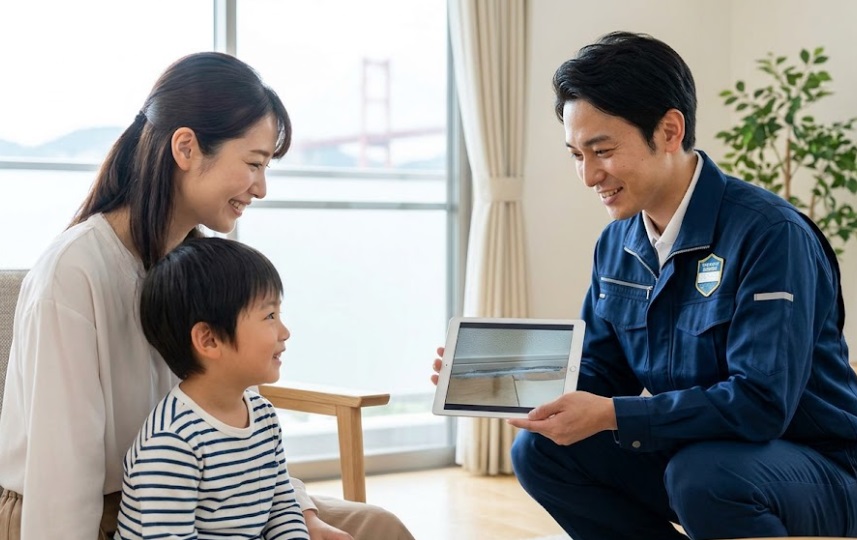 作業完了後、笑顔で依頼主に説明をする信頼できる駆除業者と安心する家族
