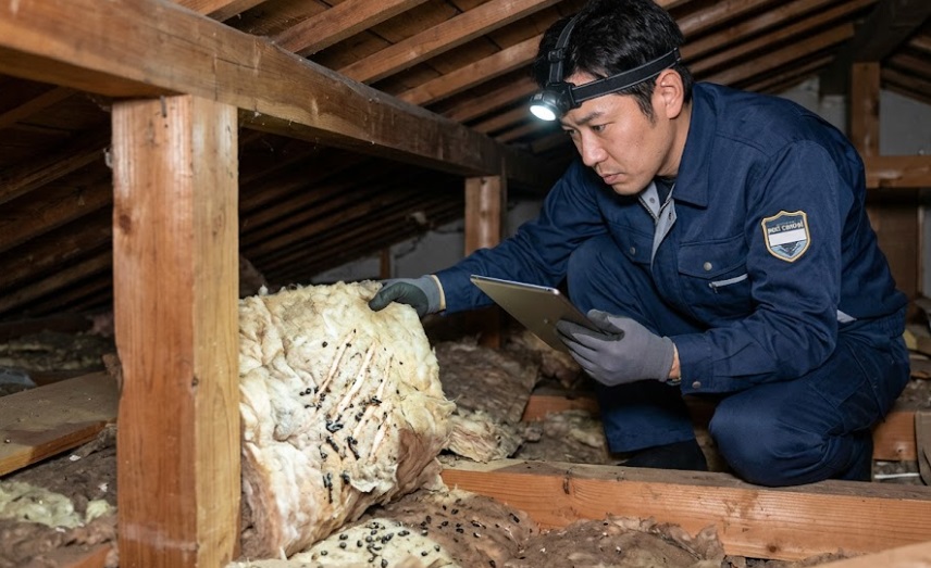 屋根裏で害獣の侵入経路を詳しく調査するプロのスタッフ
