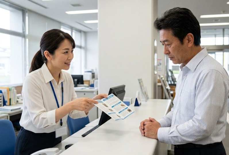 市役所の窓口で害獣被害の相談をする日本人男性と職員