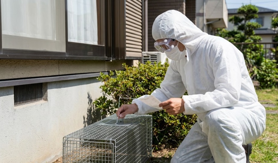 鳥獣保護法を遵守し、適切な許可のもと防護服を着用して、日本の住宅の敷地内に害獣捕獲用のわなを設置する日本人専門業者。