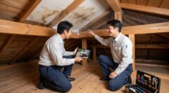 駆除と清掃が完了し、清潔になった木造住宅の屋根裏で、タブレットを手に笑顔で点検を行う二人のアジア人害獣駆除専門員。