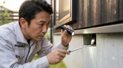 北九州市の住宅外周で、ハクビシンの侵入経路となり得る床下換気口や基礎の隙間を、懐中電灯と点検鏡を使って念入りに調査する、作業服姿の日本人男性スタッフ。専門的な調査の様子。