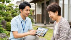北九州市の住宅庭先で、タブレットを手に持ち、親しみやすい笑顔で現地調査の結果と駆除プランを説明する「あい営繕」の日本人男性スタッフと、安心して耳を傾ける日本人女性のお客様。信頼感と安心感を伝える対話の様子。