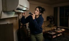 家の中の薄暗いリビングで、懐中電灯を片手にエアコンの隙間を不安そうに調査する日本人女性。