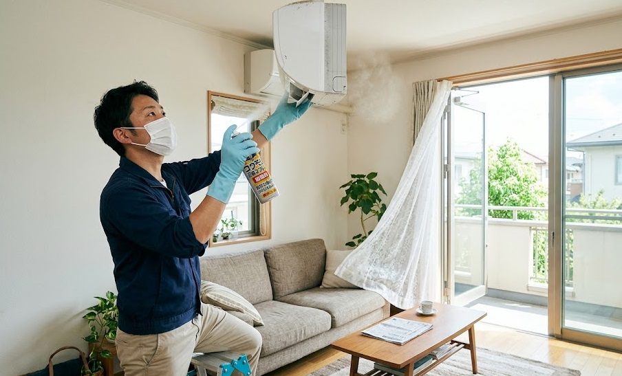 マスクと手袋を着用し、窓を開け放ったリビングでエアコンの裏側にコウモリ用忌避スプレーを噴射する日本人男性。