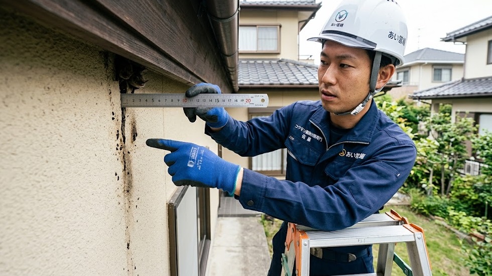 住宅の外壁と軒下のわずかな隙間（1〜2cm）を定規で測定し、コウモリの侵入口であることを示す専門家。