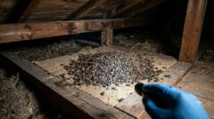 屋根裏の薄暗い空間で、大量に蓄積したコウモリの乾燥したフン（ため糞）の塊を調査する専門家。
