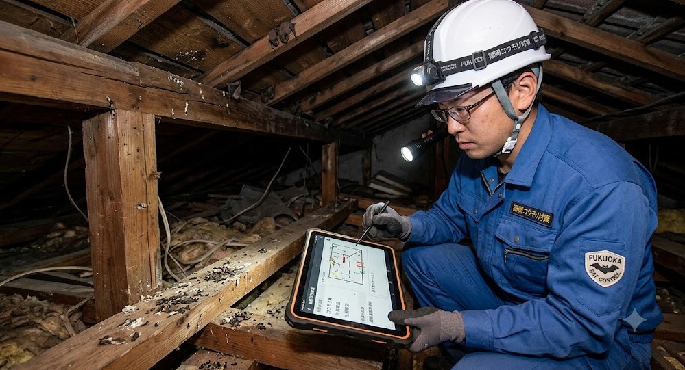 福岡市の住宅屋根裏で、ヘッドライトとタブレットを使い、コウモリの被害状況を精密に現地調査する日本人業者。