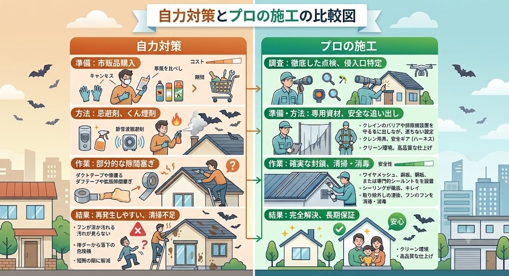 黒崎でのコウモリ駆除における自力対策とプロの技術の比較