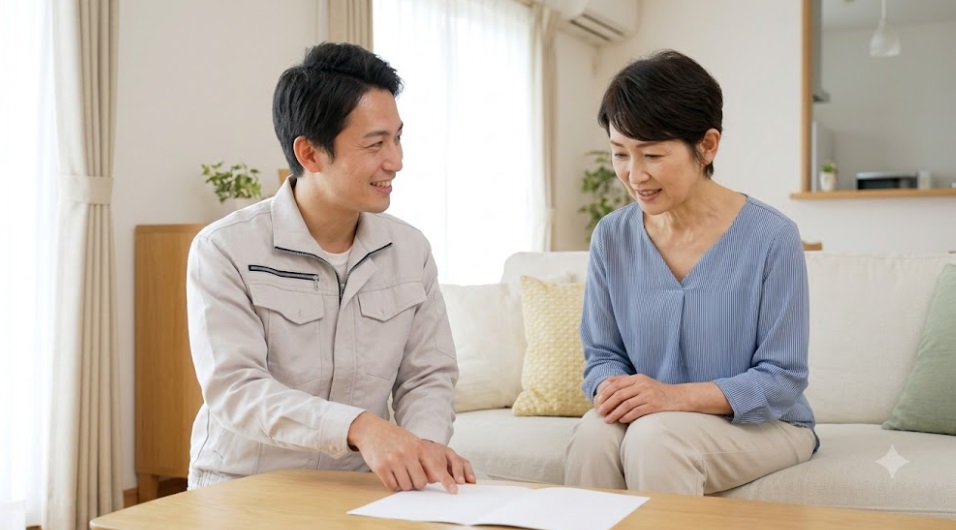黒崎の自宅でネズミ駆除の専門家（日本人男性）から笑顔で説明を受け、安心した表情を浮かべる日本人女性の様子。明るく清潔なリビング。