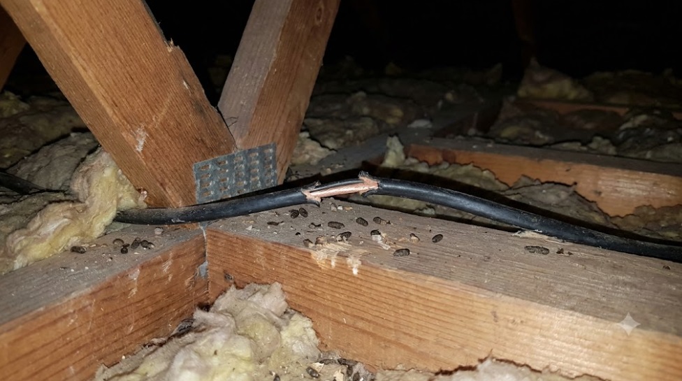 暗い天井裏で、ネズミによってかじられ、被覆が剥がれて中のワイヤーが露出した電気配線のクローズアップ写真。近くに糞や歯痕がある。漏電火災のリスクを示す。