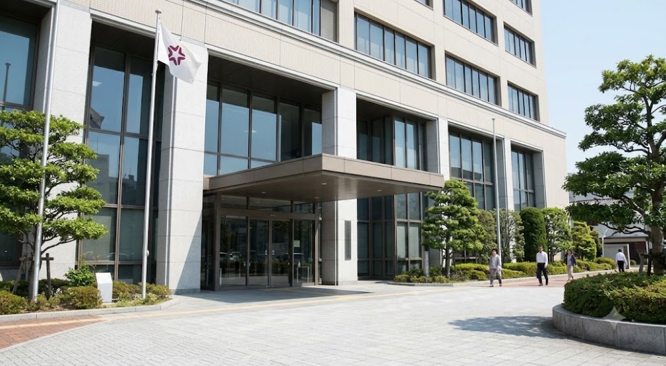北九州市の行政機関が入る、モダンで清潔感のある建物のエントランス付近。昼下がりで、北九州市の旗が掲げられている。公的な相談窓口であることを感じさせる。